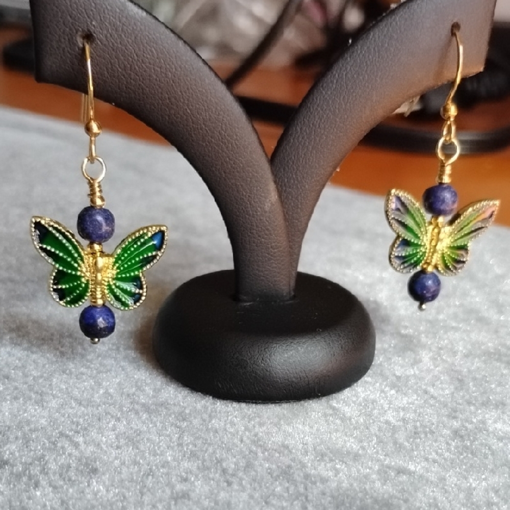 Hand Crafted Green And Blue Butterfly Drop Earrings with Lapis Beads